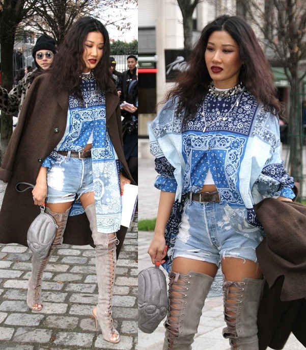 Printed Top and Thigh-High Lace-Up Boots