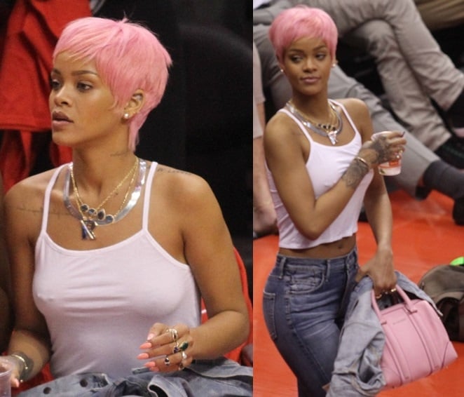 Rihanna Debuts Pink Pixie Hair And Exposes Nipples At Thunder Clippers Game