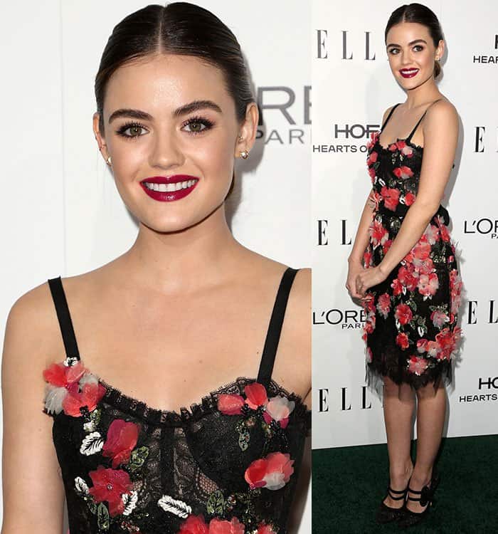 Lucy Hale Wears Floral Embellished Marchesa Lace And Tulle Dress 5815