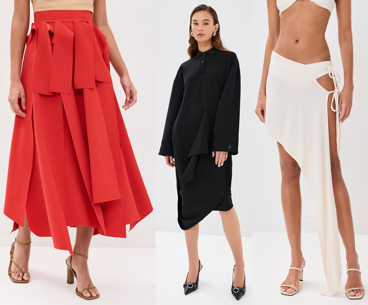 These chic asymmetrical styles from Shopbop feature the A.W.A.K.E. MODE Multiple Panels Skirt, the JW Anderson Sculptural Polo Dress, and the Lioness Moss Midi Skirt for standout, modern looks