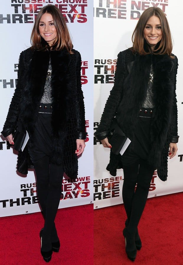 Olivia Palermo exudes sophistication at The Next Three Days premiere, elevating her all-black ensemble with a luxe fur scarf and finishing the look with elegant Charlotte Olympia Paloma platform pumps