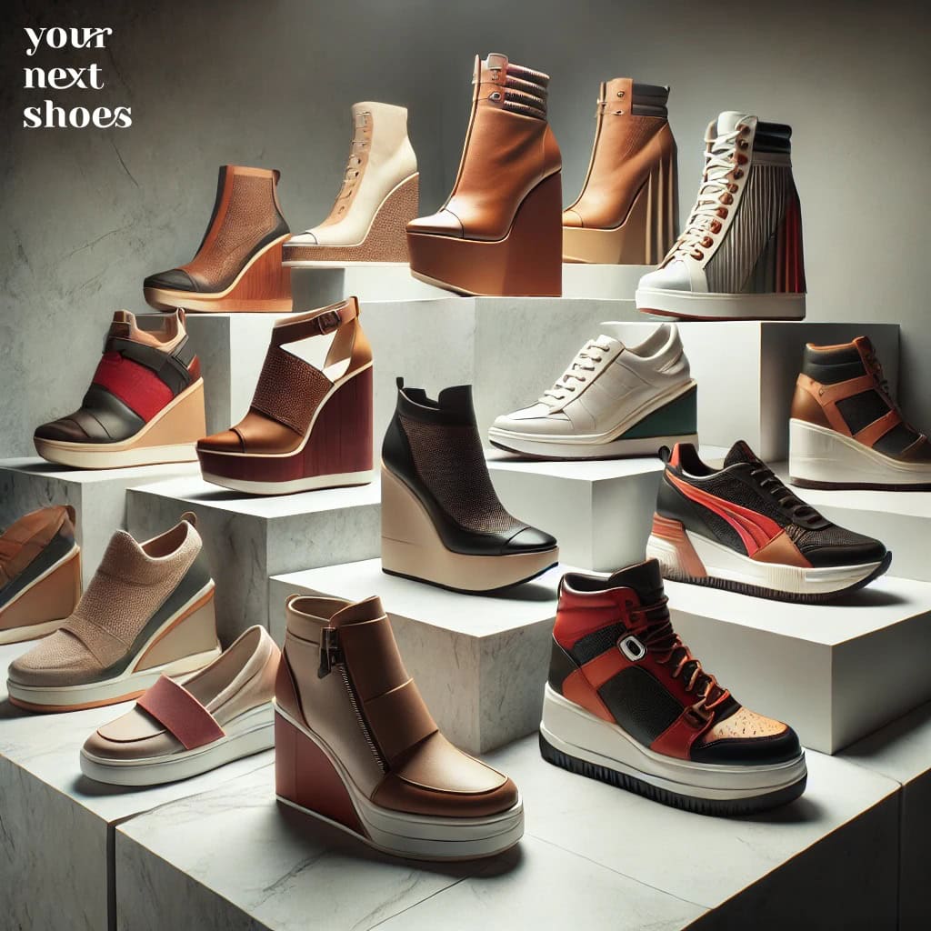 Realistic display of stylish wedge shoes featuring sleek leather designs, avant-garde artistic shapes, and trendy wedge sneakers