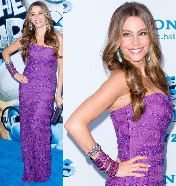 Sofia Vergara shines in a purple Missoni Resort 2012 dress at 'The Smurfs' premiere, Ziegfeld Theater, NYC – July 24, 2011