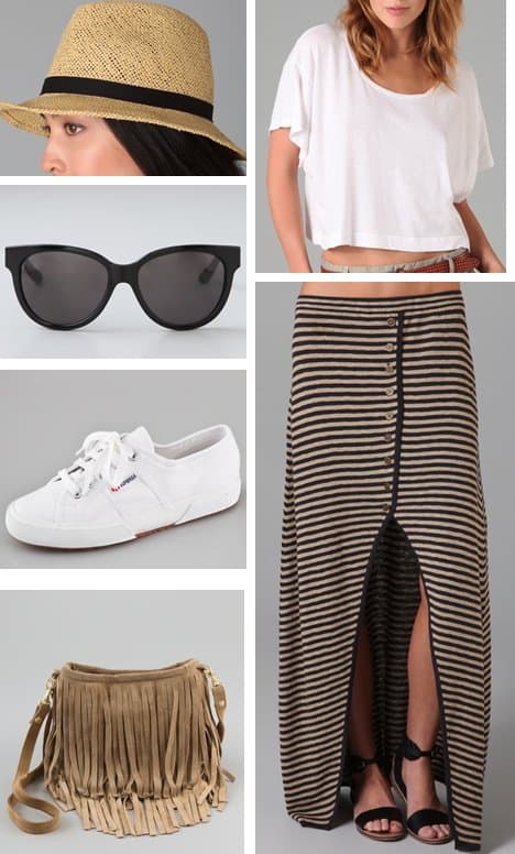 Recreate Olivia Wilde's striped style: Elmira Maxi Skirt by ONE in stripes ($42.30 from $141), Splendid Vintage Whisper Cropped Tee ($55), Superga Cotu Classic Sneaker ($65), MARC by Marc Jacobs Retro Sunglasses ($98), JJ Winters Small Fringe Bag ($165), and Bop Basics Open Weave Fedora ($45.50 from $65)