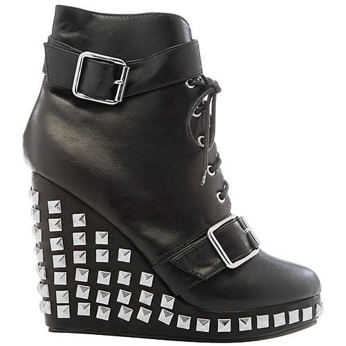 Studded buckled wedge booties