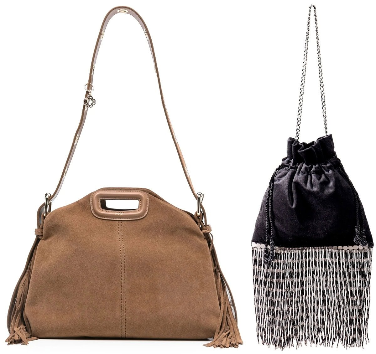 Nannacay's Minke fringed shoulder bag and Maje's Miss M fringed suede shoulder bag offer a stylish blend of boho-chic and contemporary elegance