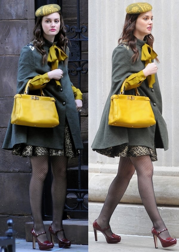 Leighton Meester in a Gryphon olive-green cape, a mustard necktie blouse, and an Alice + Olivia ‘Oshi’ flared boucle skirt