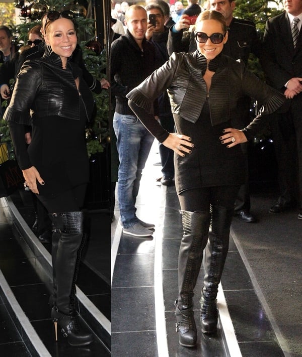 Mariah Carey dazzles in her trendy outfit, combining a fashionable cropped leather jacket with stylish thigh-high boots, highlighting her post-pregnancy fitness and fashion-forward sense