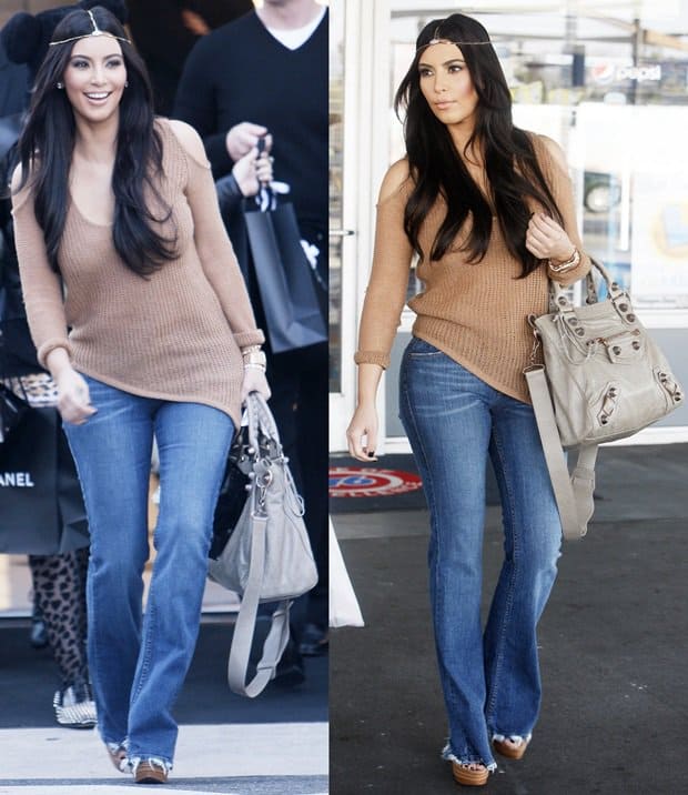Kim Kardashian's outfit for her visit to the Chanel store in Los Angeles on January 20, 2012, featured a Helmut Lang asymmetric paper wool top, Azzedine Alaia leather platform sandals, a Balenciaga Giant Rose Gold Velo handbag, and a House of Harlow 1960 three strand headpiece in gold