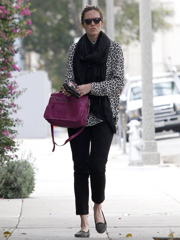 Mandy Moore styled Loeffler Randall loafers with a cheetah print top and black pants