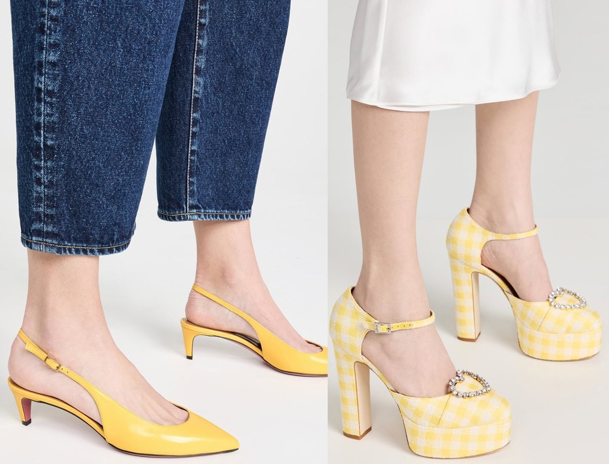 From sleek yellow slingback kitten heels to bold gingham platform pumps with crystal heart embellishments, these statement shoes prove that yellow is the ultimate power color for any outfit