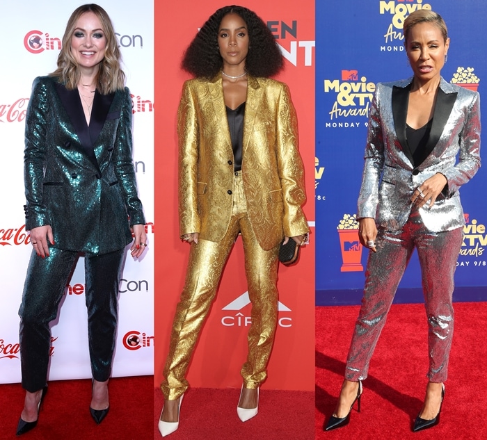 Olivia Wilde, Kelly Rowland, and Jada Pinkett Smith dazzle in their glamorous metallic suits on the red carpet