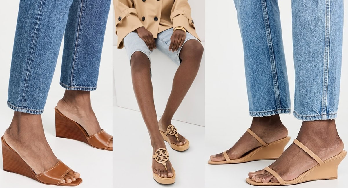 Three stylish looks featuring wedge sandals with denim jeans for effortless and chic styling ideas