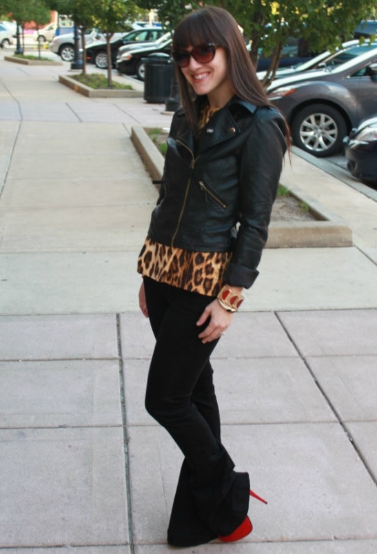 Lisa rocking black bell-bottoms and super cool leopard print peplum top