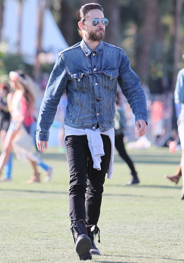 Jared Leto wears a classic Levi's denim trucker jacket during the second day of the 2012 Coachella Music Festival