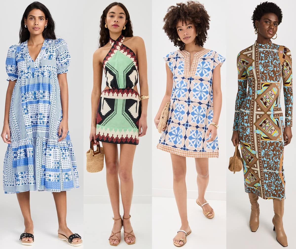 A striking mix of geometric prints, from breezy blue patterns to bold tribal and structured designs, showcasing the versatility of this timeless trend.