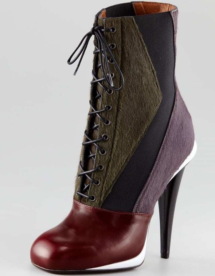 Fendi Mixed-Media Victorian Calf Hair Lace-Up Ankle Boots in Red/Green