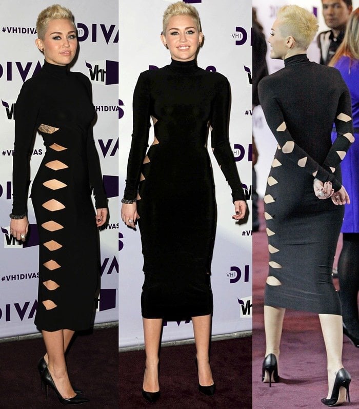 Miley Cyrus wears an Omo by Norma Kamali ‘Alligator’ dress with cut-out details