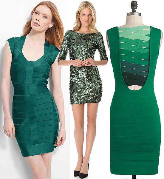 Nighttime Glam in Emerald: French Connection's cap sleeve bandage for $178, Blaque Label's sequined scoop back at $106, and the Verdant Virtuoso at just $72.99 – your go-to for unforgettable evenings