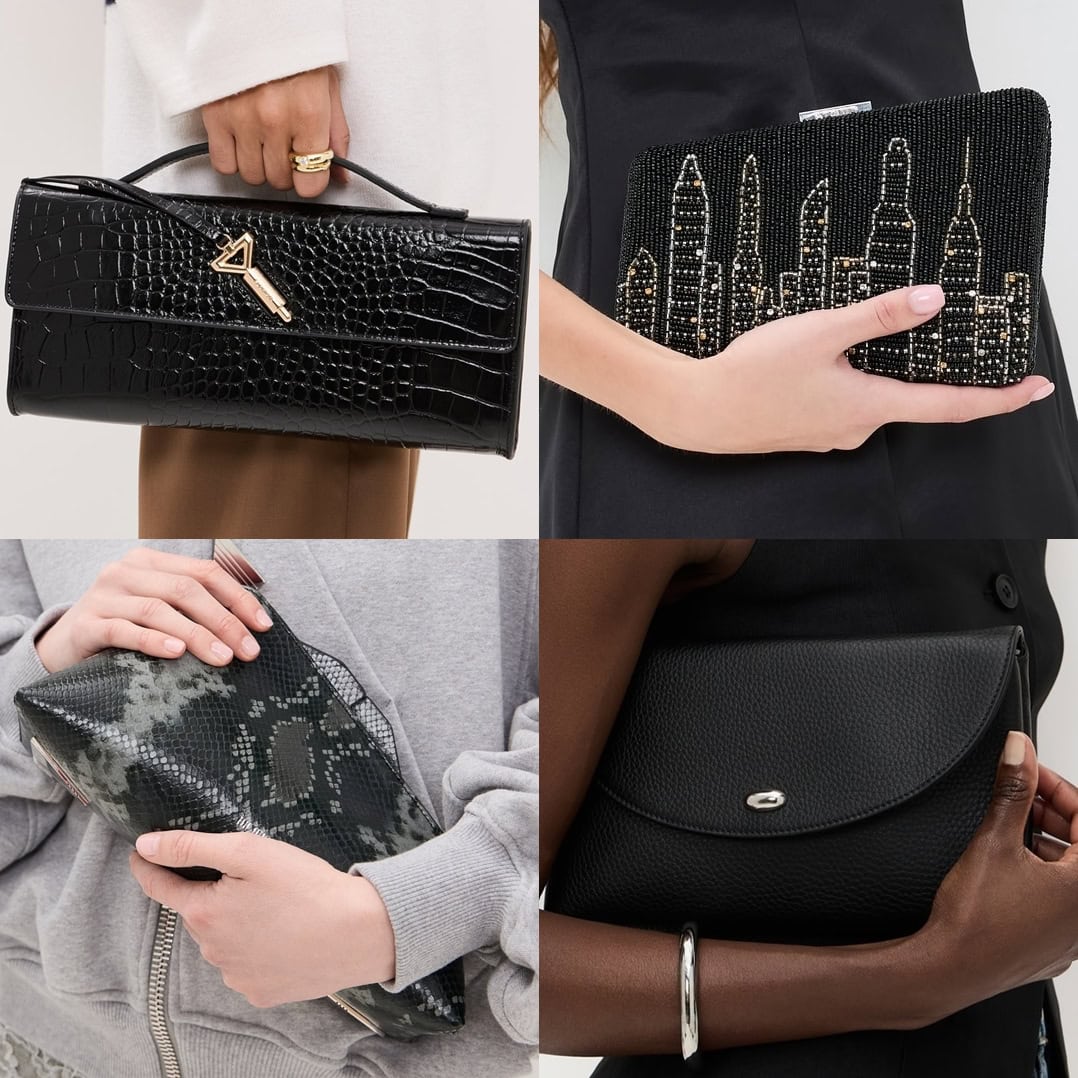 Four black clutches featuring croc-embossed leather, a beaded cityscape design, a green snakeskin print, and a minimalist pebbled leather style