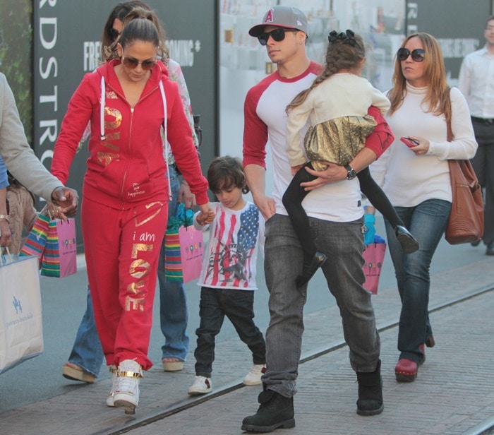 Jennifer Lopez with her family shopping at The Grove in celebration of her twins', Max and Emme, fifth birthdays on February 22, 2013