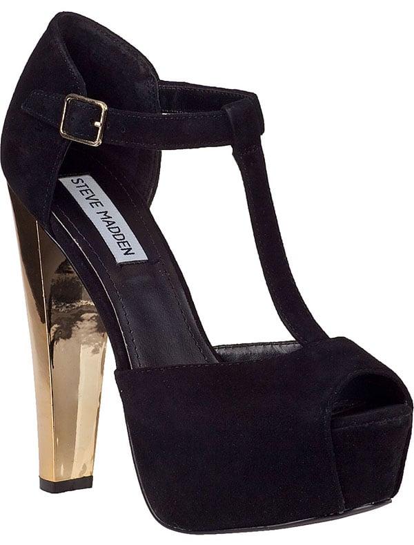 A gilded heel adds angelic height to a muted, T-strap sandal