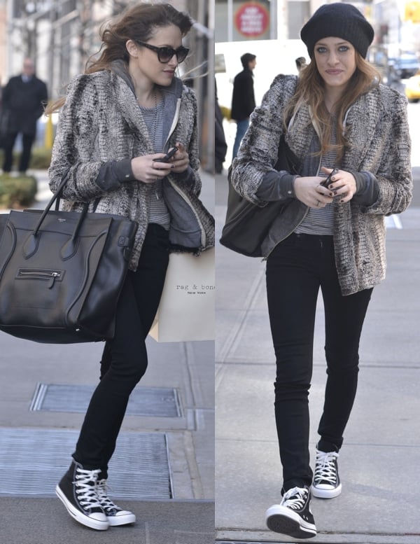 Actress Carly Chaikin wears black skinnies with a fur jacket