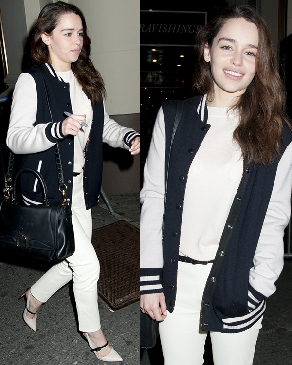 Emilia Clarke Wears Varsity Jacket and Fendi Mary Jane Pumps