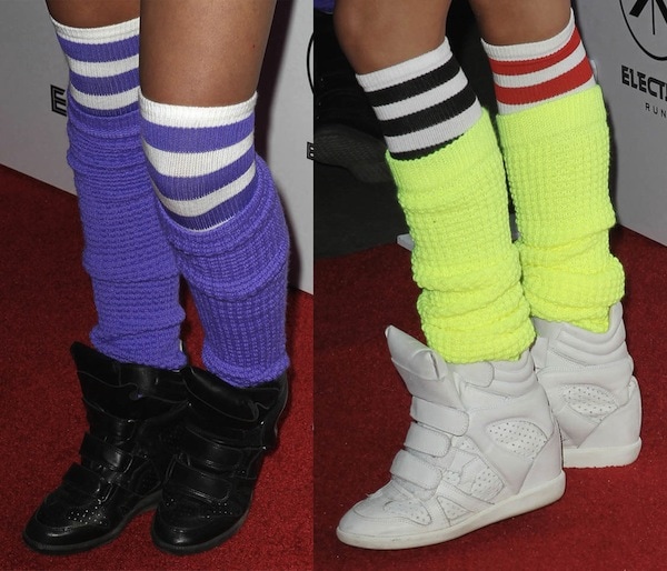 Colored leg warmers and Isabel Marant wedge sneakers