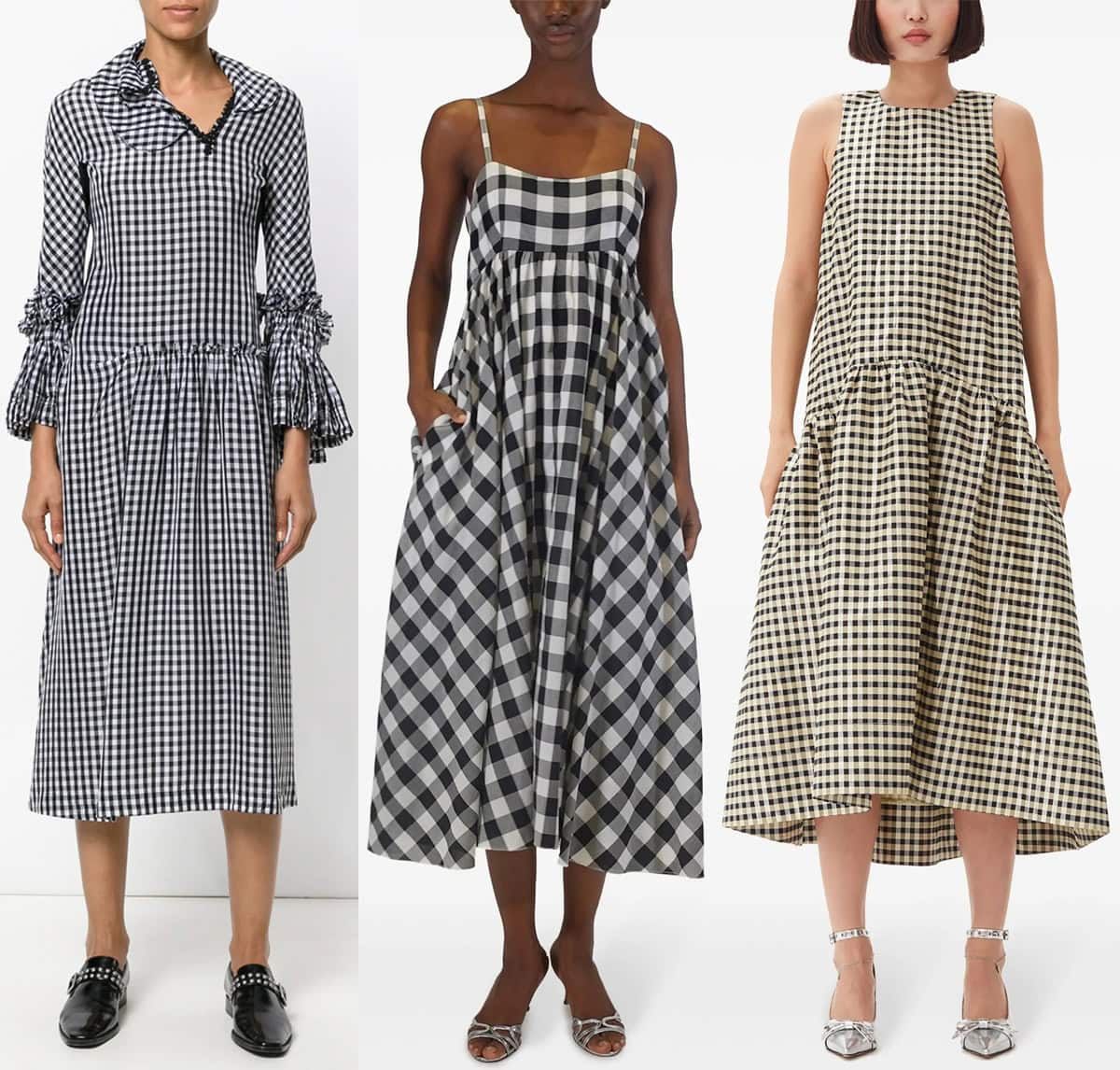 Three stylish gingham midi dresses from Comme Des Garçons, GANNI, and AZEEZA showcase unique silhouettes, with ruffled sleeves, classic checkered patterns, and modern jacquard textures, paired with statement footwear