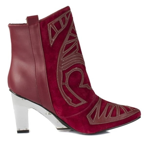 Suede Embroidered Ankle Boots in Maroon