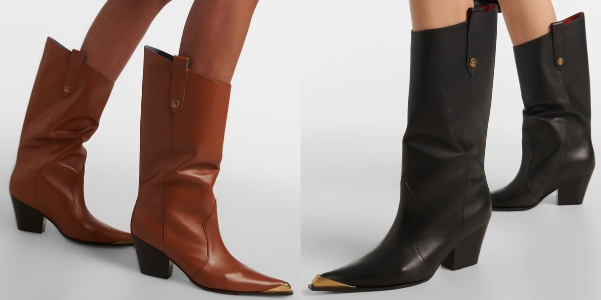 A pair of mid-calf Etro leather boots in black and tan featuring pointed gold metal toe caps and block heels showcasing a modern Western-inspired design