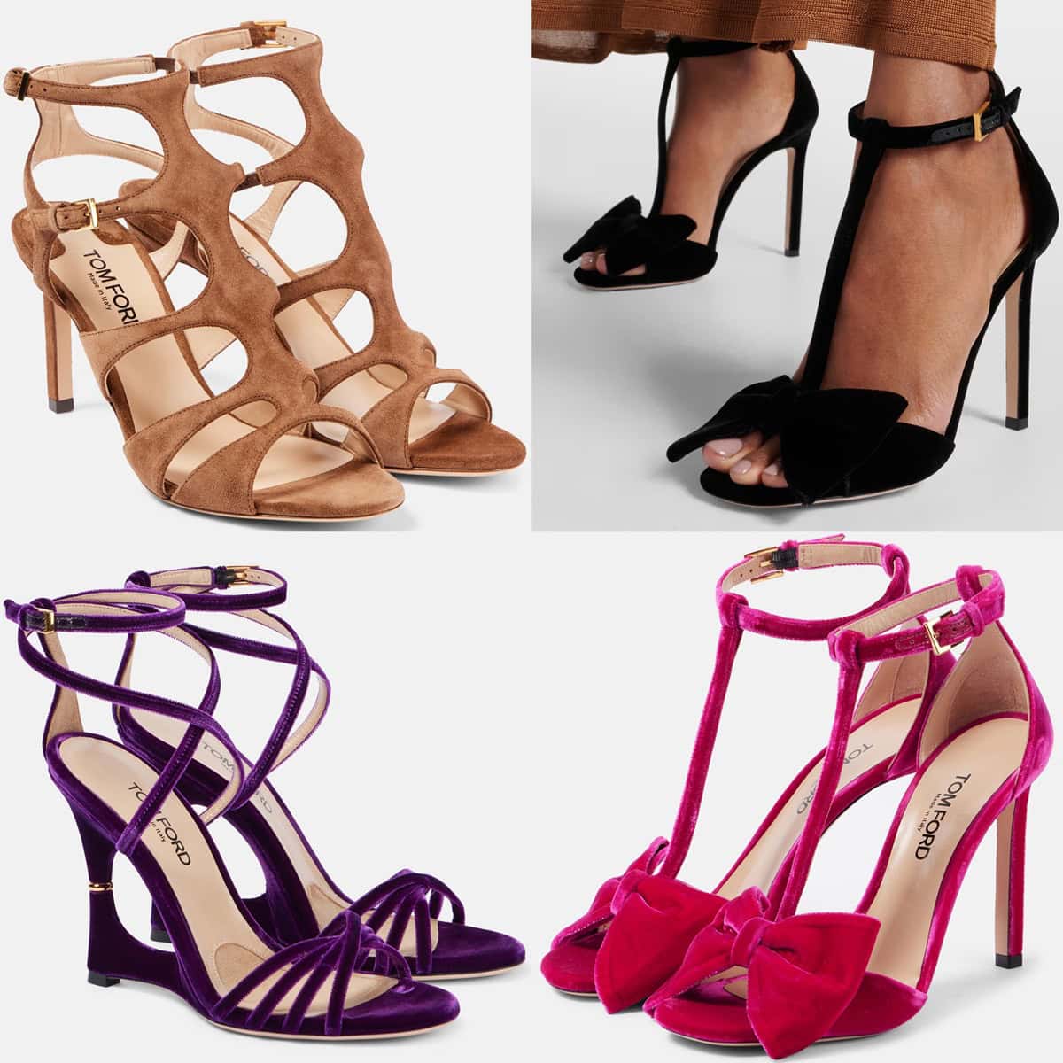 Collage of Tom Ford heels, including cutout suede sandals in brown, black velvet T-strap heels with bow detail, purple velvet strappy sandals, and fuchsia pink velvet T-strap heels with a bow