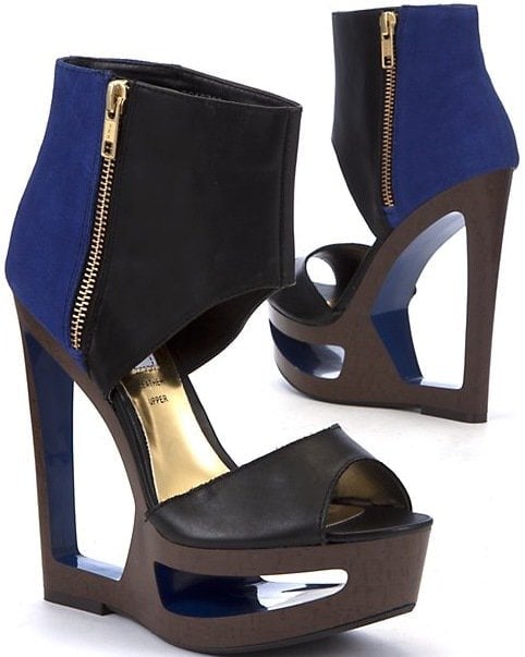 Limited Black and Blue Colour Block Cut Out Zip Leather Wedges