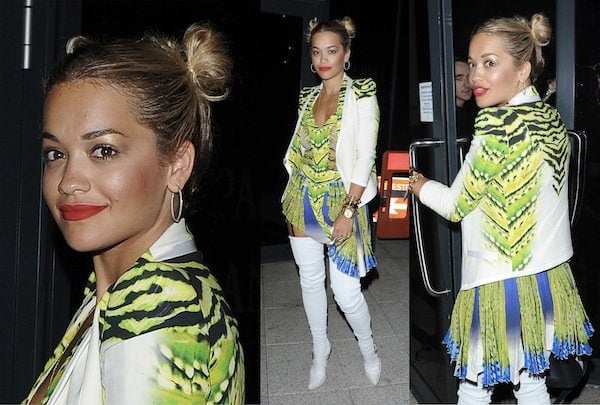 Rita Ora channels Chun Li with stylish side buns at a close friend's birthday party in London, July 26, 2013