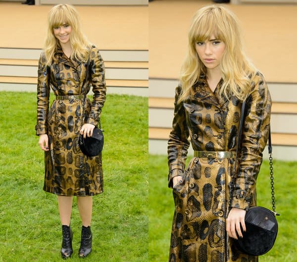 Suki Waterhouse shines in Burberry Prorsum at the Menswear SS14 event, Kensington Gardens, London, June 18, 2013