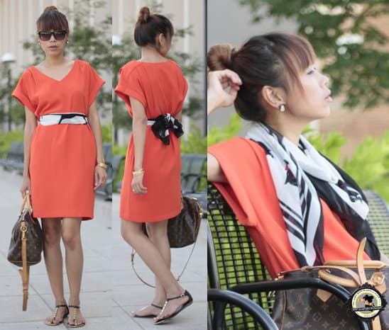 Khin creatively accessorizes a stunning summer dress with a printed scarf as a belt