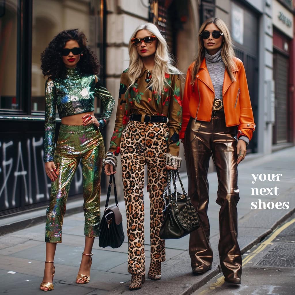 Urban Glamour: Trio showcases a daring blend of street styles with sparkling metallics, bold leopard prints, and vibrant florals, each paired with leather for an unapologetically edgy look