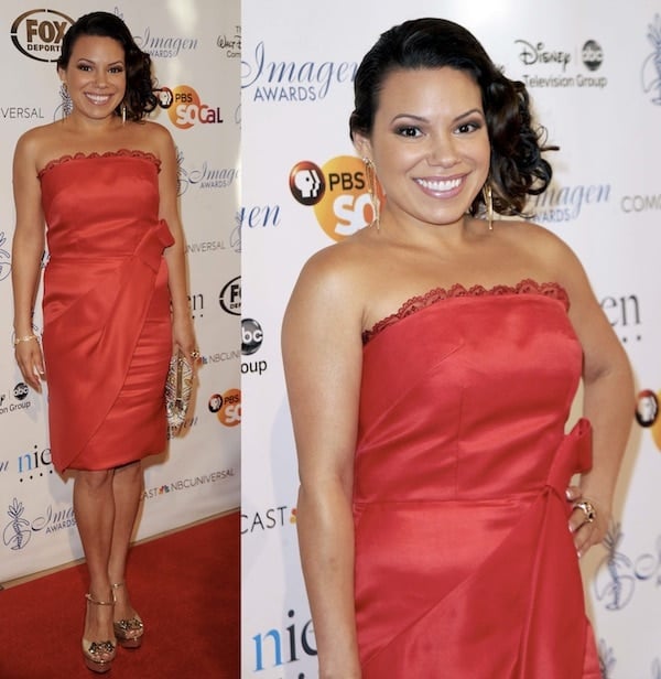 Gloria Garayua in a classic strapless red dress paired with gold embellished sandals at the Imagen Awards 2013 at Beverly Hills Hilton Hotel in California on August 16, 2013