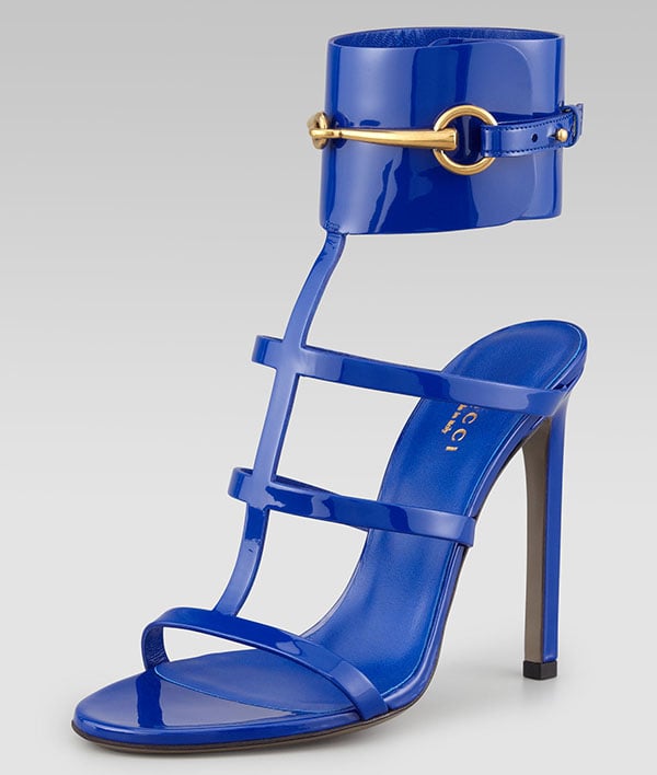 Gucci Patent Ankle-Wrap Cage T-Strap Sandals Cobalt