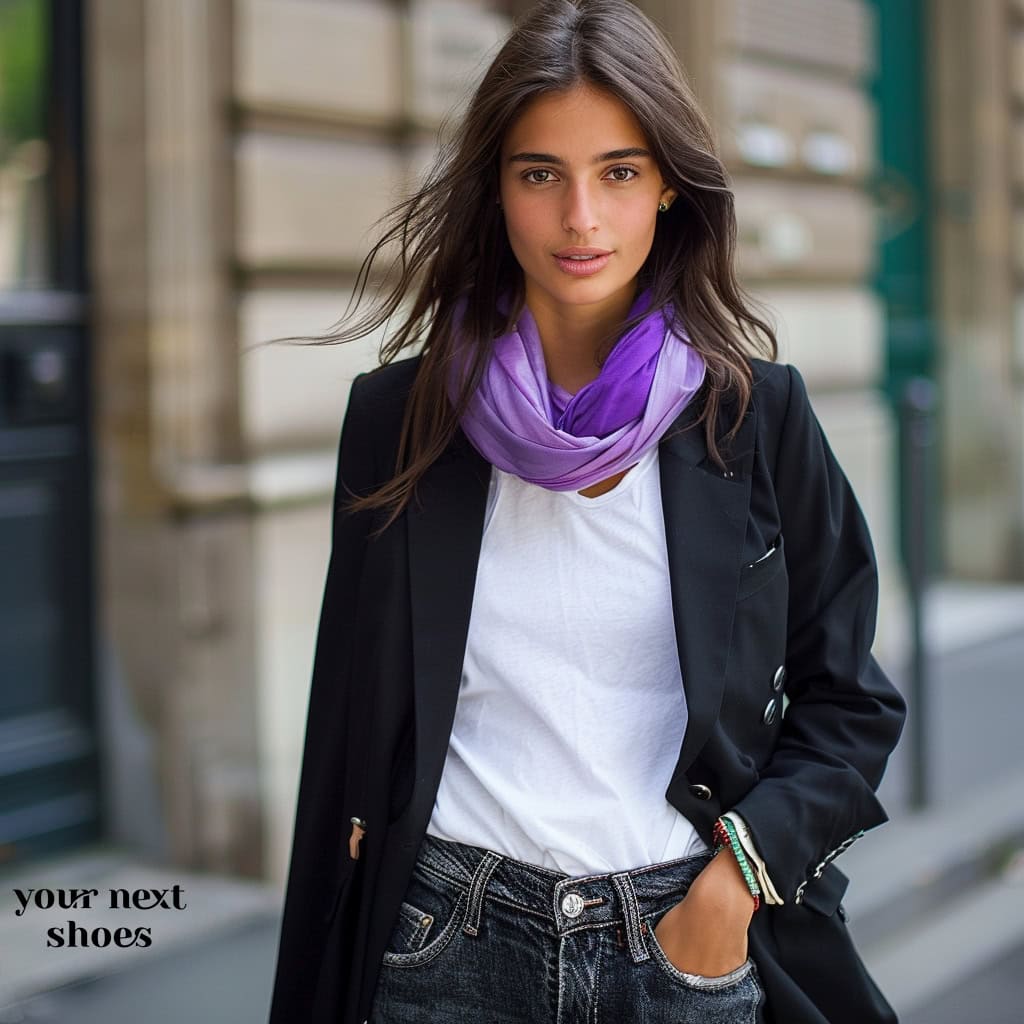 A vivid purple scarf adds a touch of sophistication to her stylish ensemble of a classic white tee and black blazer