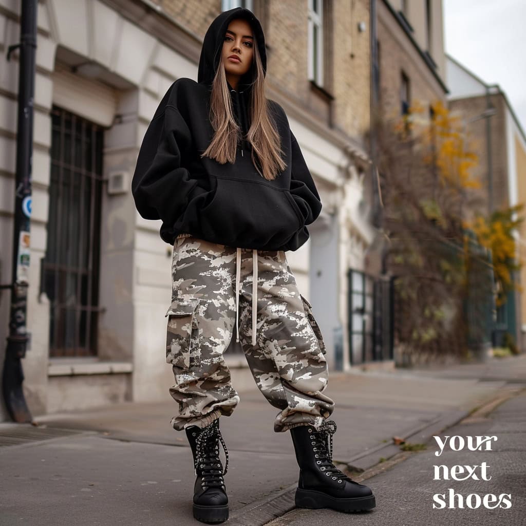 Street style perfection: rocking an oversized black hoodie with camo-printed sweatpants and black combat boots for a chic, edgy look