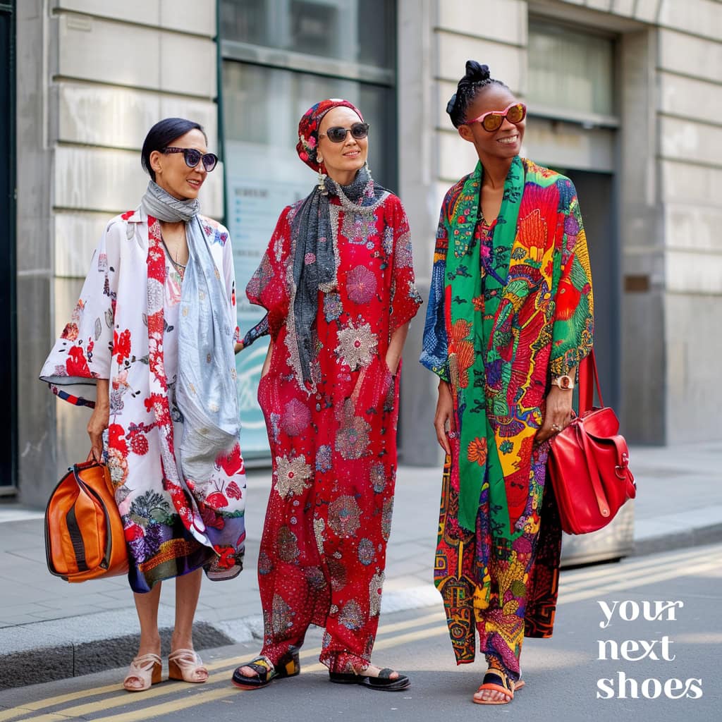 Three stylish women grace the streets, each showcasing unique and vibrant caftans paired with chic accessories, reflecting their individuality and flair