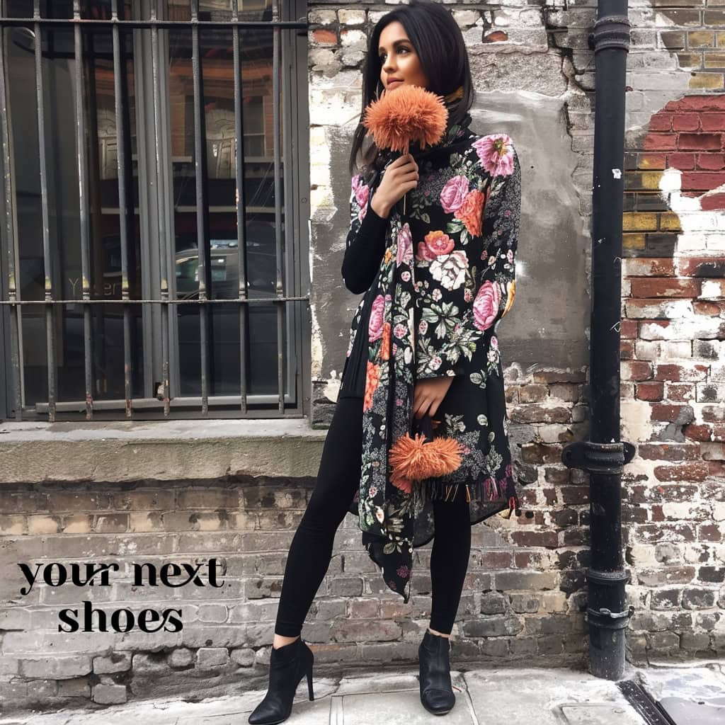 A model poses in a chic floral dress with black leggings and an eye-catching pom-pom stole, showcasing an edgy street style in an urban setting