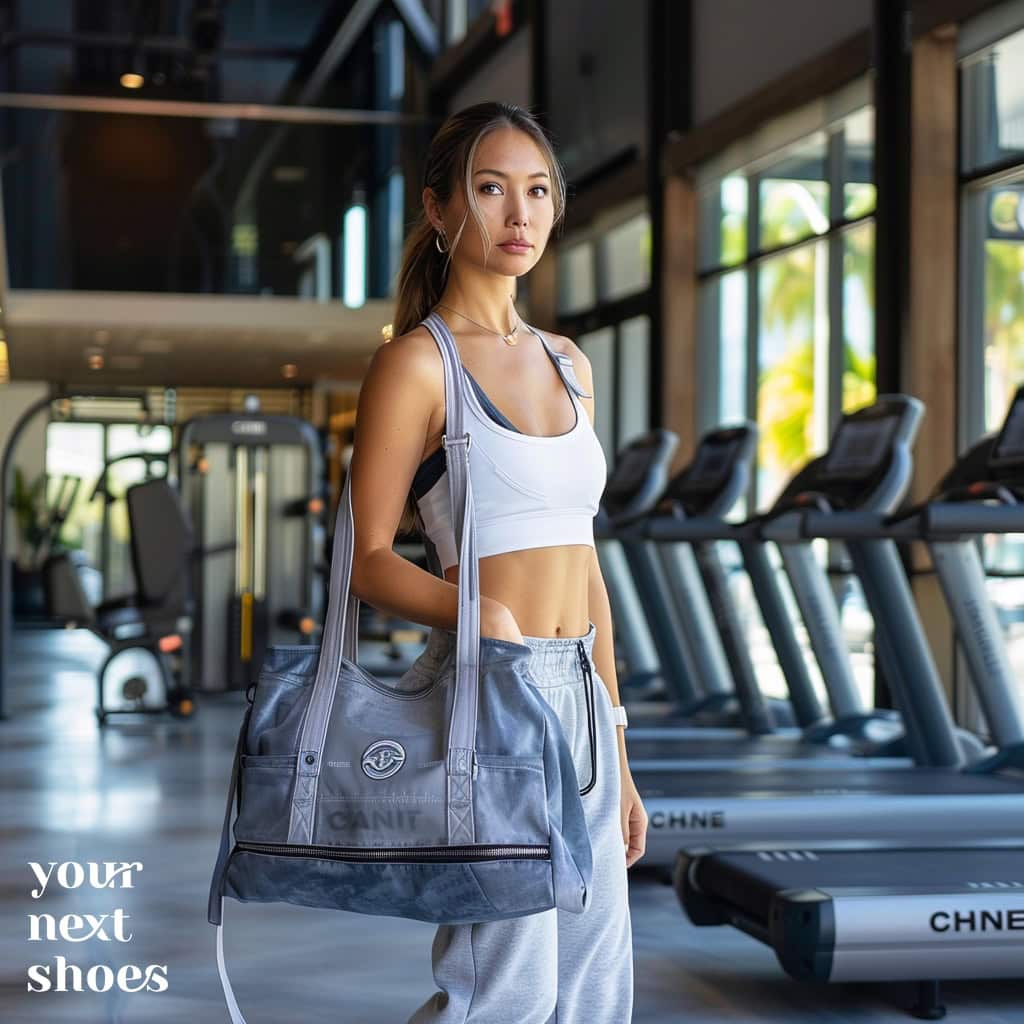 Wearing a white sports bra, gray sweatpants, and a large tote bag, this look is inspired by Ashley Greene's casual gym style in Los Angeles