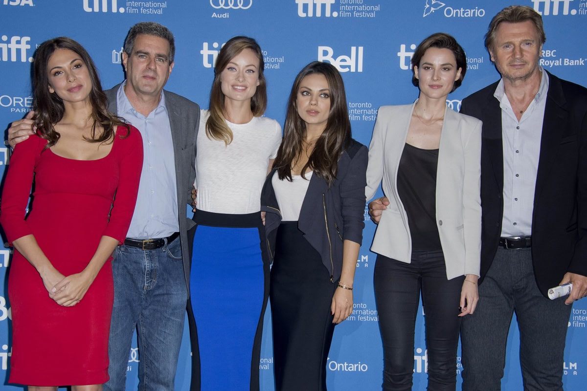 Moran Atias, Producer Michael Nozik, Actors Olivia Wilde, Mila Kunis, Loan Chabanol, and Liam Neeson pose at the 'Third Person' Press Conference during the 2013 Toronto International Film Festival at TIFF Bell Lightbox on September 10, 2013, in Toronto, Canada