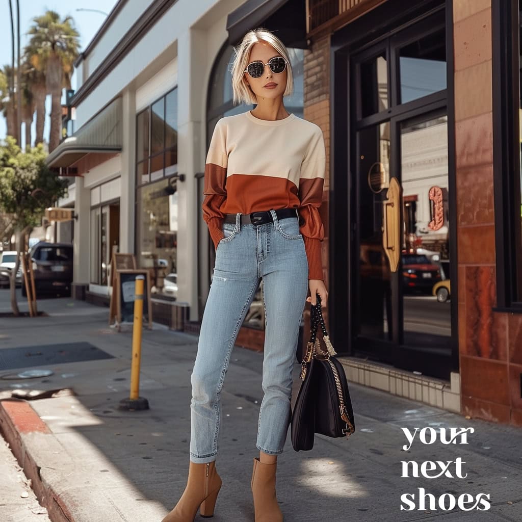 A stylish woman wears light blue jeans, a chic color-blocked top in cream and rust, and beige ankle booties, carrying a black leather bag with gold accents
