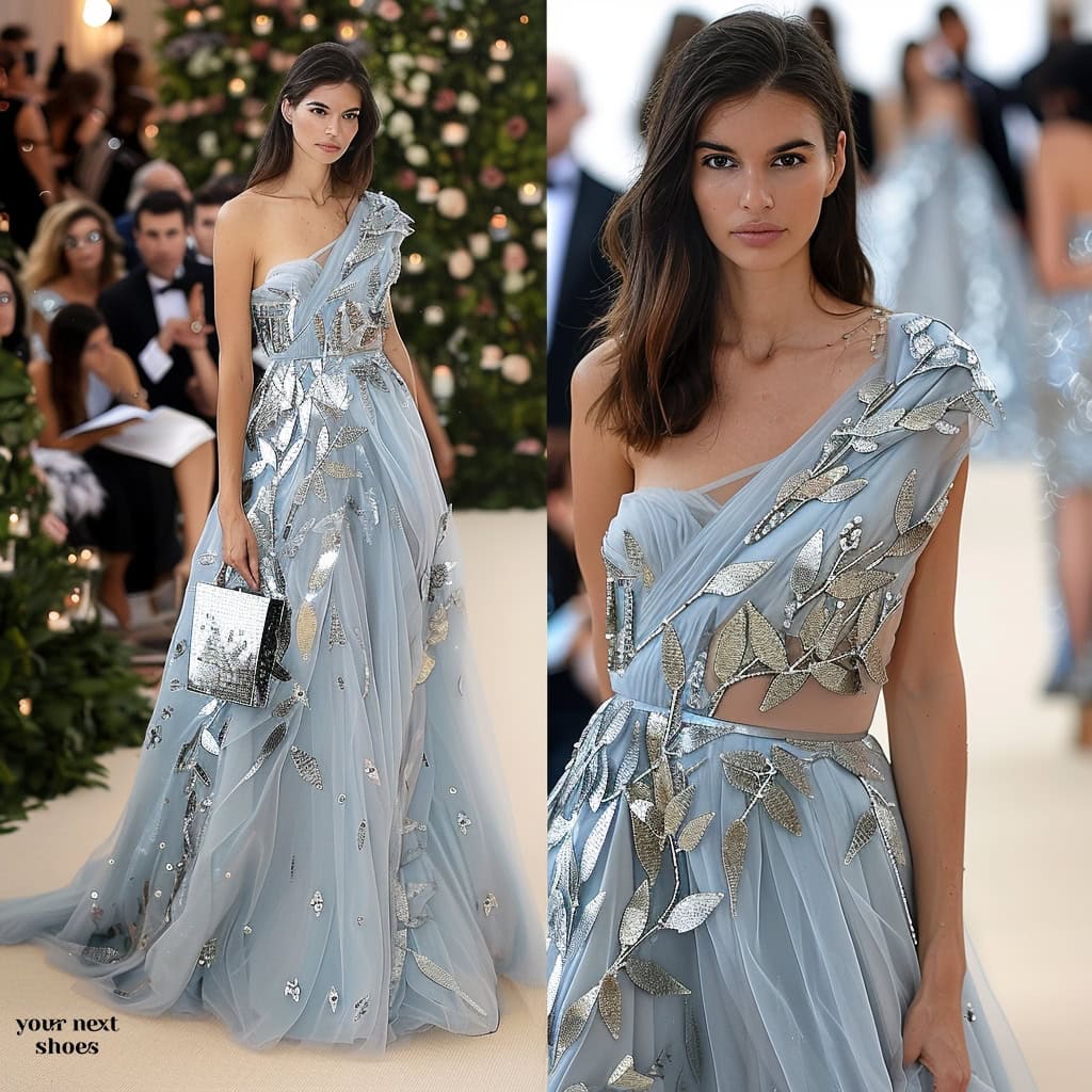 Model showcasing an elegant, pale blue gown adorned with intricate geometric leaf details, complemented by a mirrored belt and clutch at a sophisticated evening event