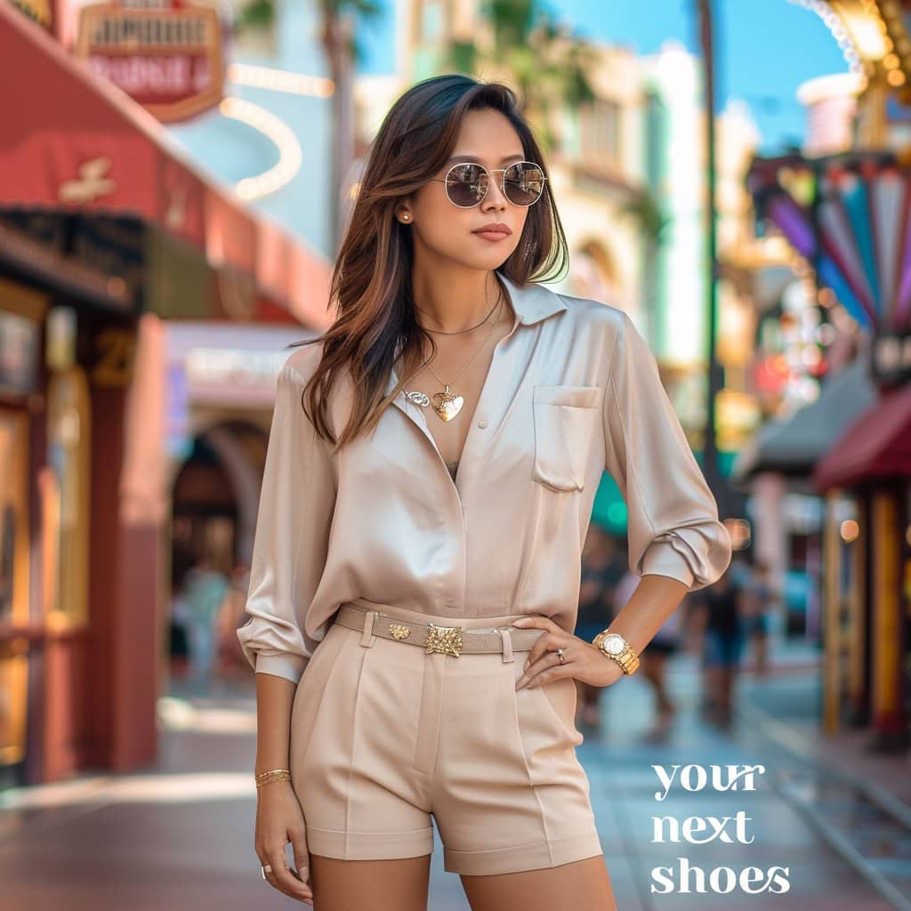 This stylish look, inspired by Eva Longoria, features a sleek silk blouse paired with tailored shorts and accessorized with a simple gold pendant necklace, capturing sophisticated elegance perfect for a vibrant city stroll