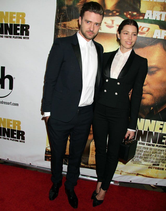 Jessica Biel and Justin Timberlake shine at the 'Runner Runner' premiere, both dressed in sleek black ensembles